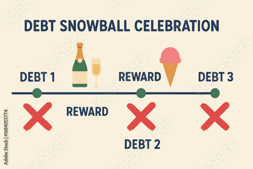 Debt Snowball Celebration. Horizontal layout of debt snowball celebration timeline — crossing off each debt with reward moments.