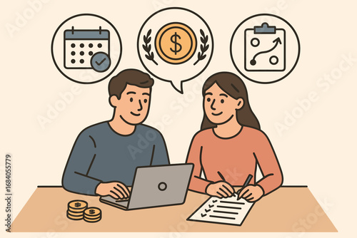 Couple's Financial Planning. Vector illustration of couple developing joint money habits — weekly meetings, shared goals, and task