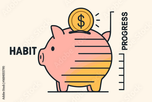 Growing Digital Savings. Vector illustration of digital piggy bank filling up gradually as habit progress increases.