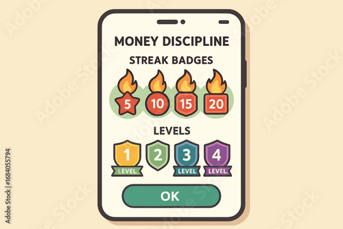 Gamified Money Tracker. Vector art of mobile app screen with gamified money discipline system — streak badges and levels.