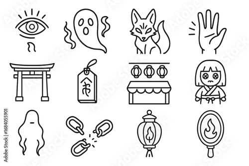 Supernatural Manga Icons. Line style icons of supernatural manga: third eye open, ghost aura, spirit fox, glowing hand; shrine