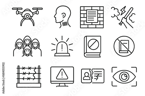 Dystopian Icons. Line style icons of dystopian comics: surveillance drone, barcode neck, wall with rules, riot panel; masked crowd