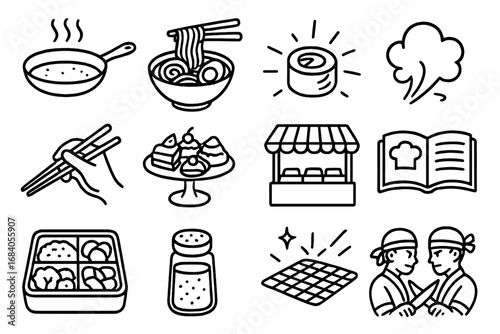Line Art Food Icons. Line style icons of food manga: sizzling pan, ramen bowl, sushi roll, steam cloud; chopsticks pose, dessert