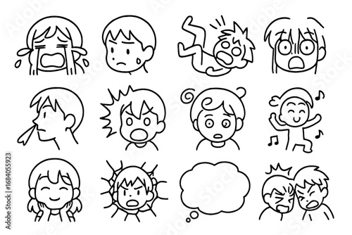 Comedy Anime Icons. Line style icons of comedy anime: exaggerated cry, sweat bead, fall moment, shocked mouth; nosebleed gag,