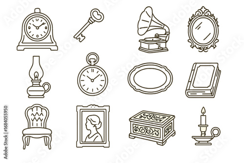Antique Collectibles Icons. Line style icons of antique collectibles: vintage clock, old key, gramophone, ornate mirror; oil lamp,
