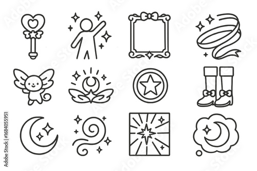 Magical Girl Icons. Line style icons of magical girl anime: heart wand, sparkle pose, transformation frame, cosmic ribbon; flying
