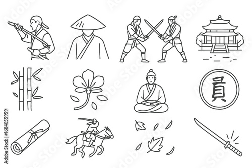 Samurai Line Icons. Line style icons of samurai anime: katana draw, straw hat shadow, duel stance, temple background; bamboo
