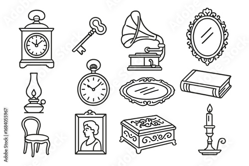 Antique Collectibles Icons. Line style icons of antique collectibles: vintage clock, old key, gramophone, ornate mirror; oil lamp,