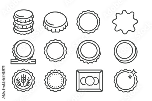 Bottle Cap Icons. Line style icons of bottle cap collectibles: bottle cap stack, metal ridges, branded cap, soda fizz shape; cap