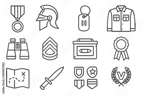 Military Collectibles Icons. Line style icons of military collectibles: medal ribbon, antique helmet, dog tag, uniform jacket;