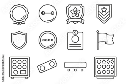 Badge Collection Icons. Line style icons of badge collectibles: enamel badge, pinback button, themed lapel, military insignia;