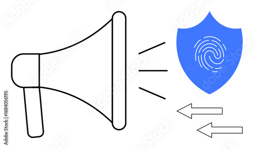 Megaphone amplifying signal toward a blue shield with fingerprint, arrows indicating data flow. Ideal for privacy, data security, cybersecurity, protection, communication, digital rights, advocacy