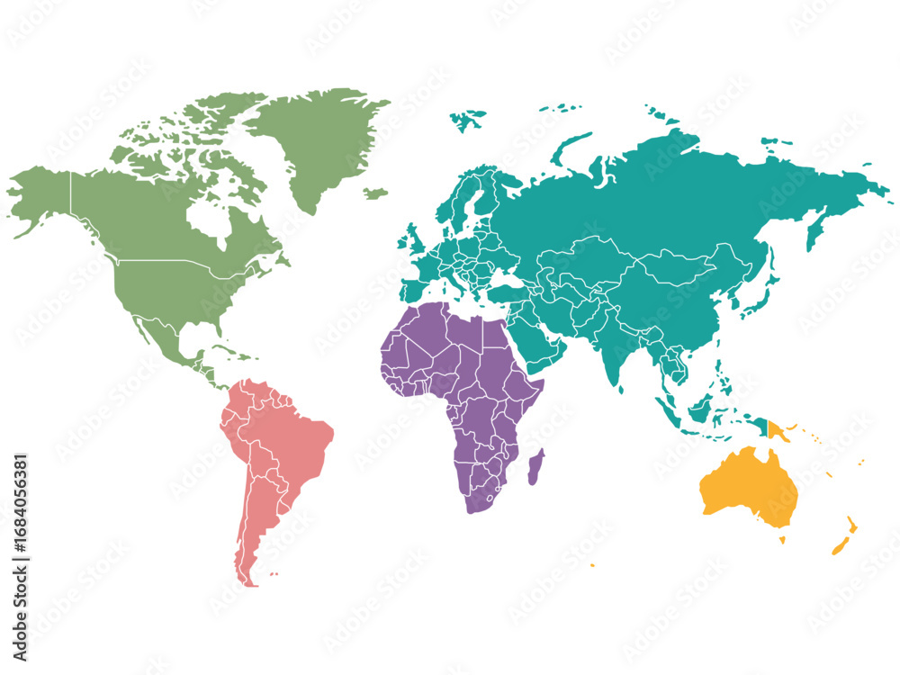 Fototapeta premium Colorful world map with countries division. Isolated vector illustration of continents in different colors.