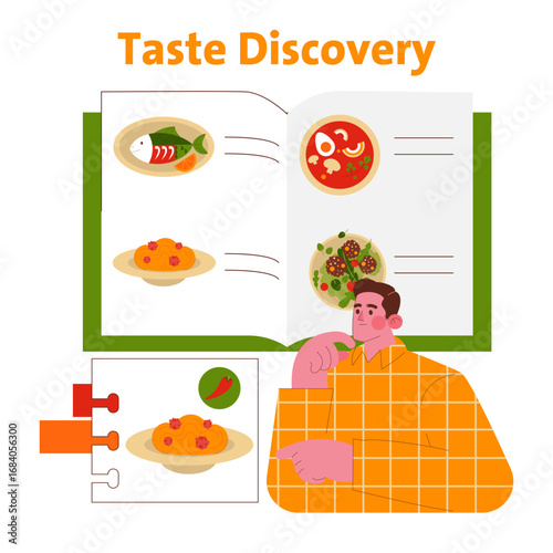 Man Contemplating Recipes in Cookbook Vector Illustration