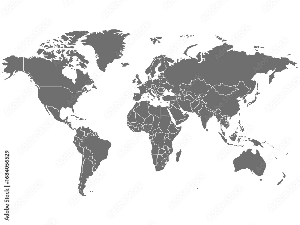 Fototapeta premium World map, isolated contour map with countries division. Black continents on white background. Vector illustration.