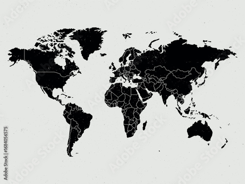 Vintage style world map. Black continents with white borders on textured light background. Vector illustration.