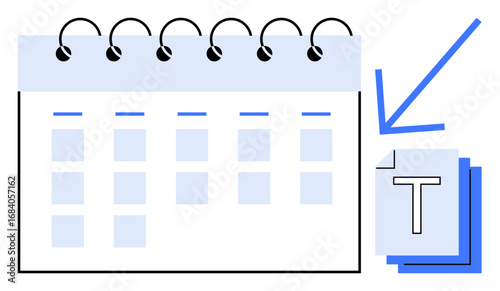 Calendar with blue header, grid layout for dates, and arrow pointing to stacked documents with highlighted text. Ideal for planning, organization, task management, scheduling, reminders, deadlines