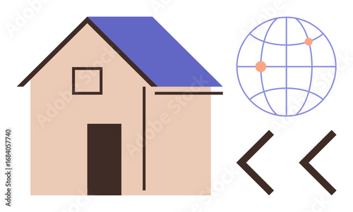 Simple house with triangular roof, globe with nodes, and code brackets symbolizing global communication, programming, and technology. Ideal for technology, coding, communication, remote work digital