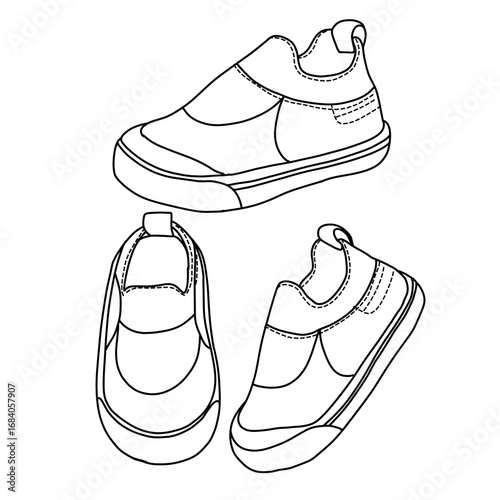 Simple line drawing of a childs slip on shoe shown from three different angles