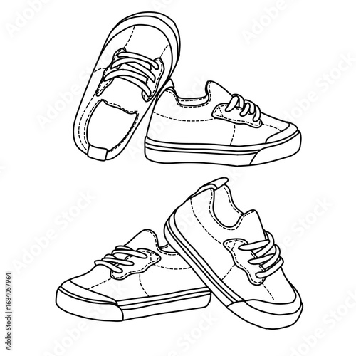 Black and white illustration of a pair of baby shoes, perfect for a toddler. The shoes are depicted in a simple, line art style, showcasing their design.