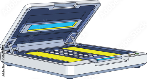 modern uv sterilizer device open lid, yellow tray, compact design