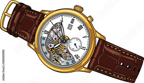 elegant gold wristwatch with brown leather strap exquisite mechanical timepiece detail