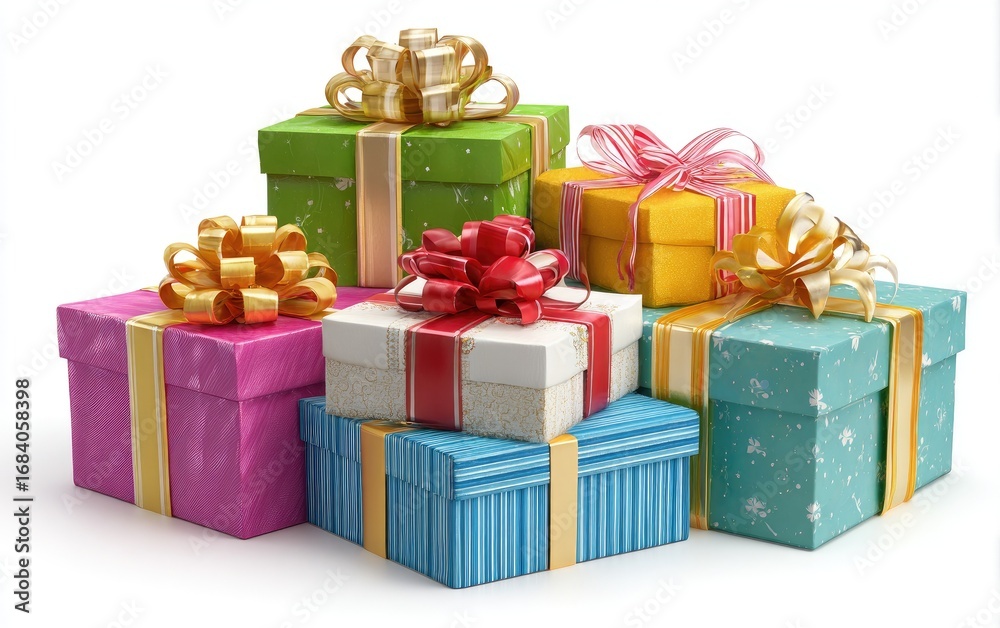 Obraz premium Colorful gift boxes stacked high, various patterns and ribbons