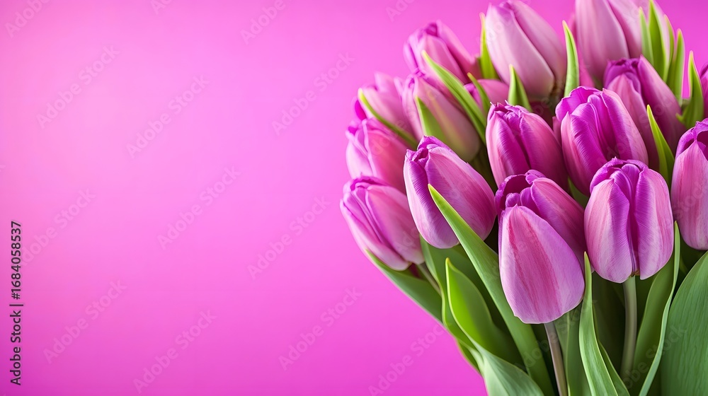Fototapeta premium Vibrant Purple Tulip Bouquet Pink Background Floral Spring