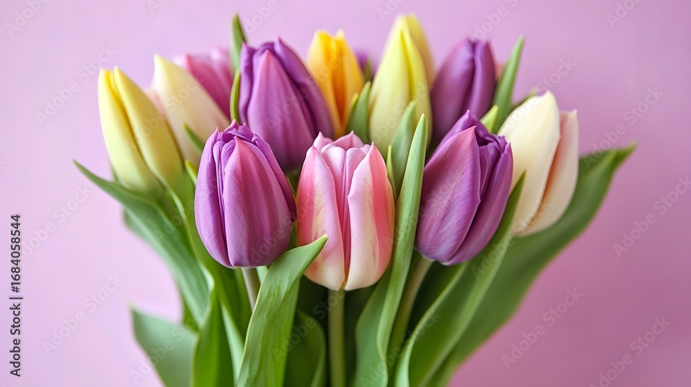 Fototapeta premium Vibrant Spring Bouquet Purple Pink Yellow Tulips