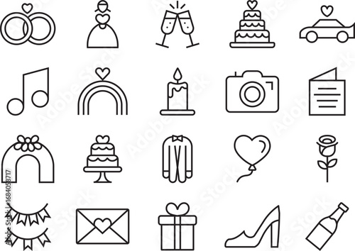 Simple wedding party line icons with rings, cake, champagne, car, camera, gifts, flowers, music, decorations and celebration elements