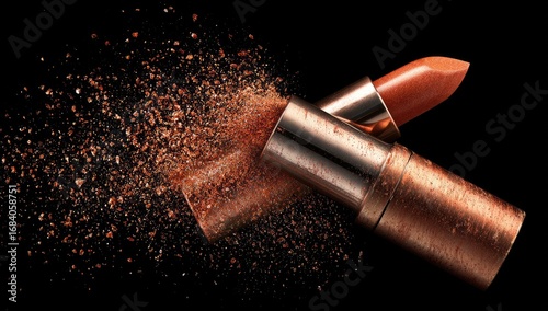 A copper-toned lipstick explodes in a burst of brown powder against a black background