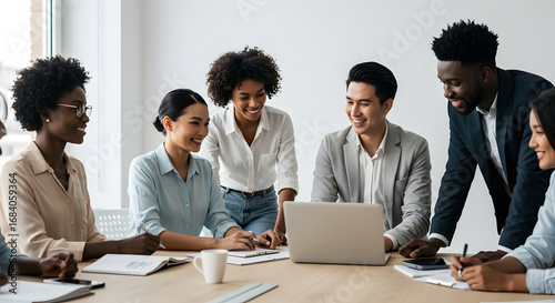 Intercultural cooperation meeting: diverse business team collaborating on global project in modern conference room. Background flat white. Copy space for text