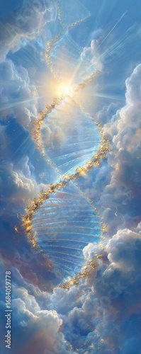 DNA helix in a sky of clouds, sunbeams