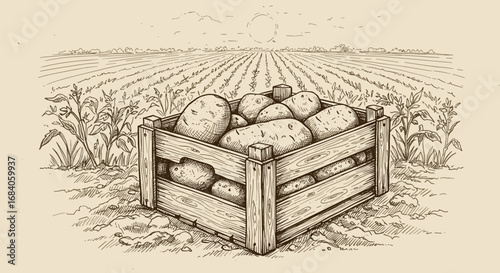 Vintage ink sketch potato harvest in wooden crate in potato field doodle vector illustration