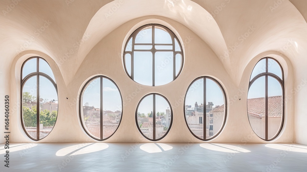 Fototapeta premium Interior with arched ceiling and uniquely shaped windows offering cityscape views, light streams in