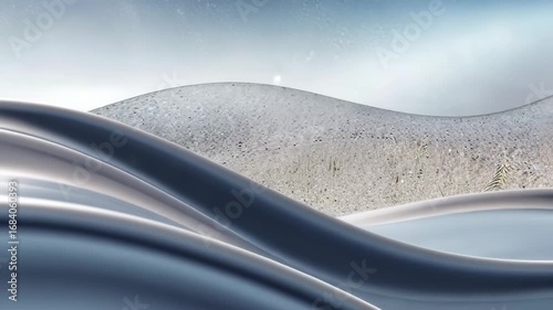 Abstract Serenity: A striking, surreal landscape merges flowing metallic forms with a stark, mountainous terrain, creating an ethereal ambiance of peace and introspection.