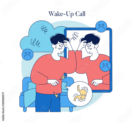 Reflective Wake-Up Call in Mirror Vector Illustration