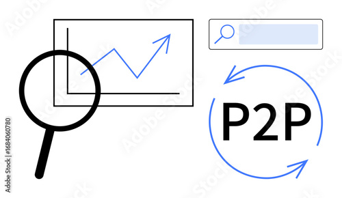 Magnifying glass examining growth chart, search bar, and P2P arrows illustrating progress, data analysis, connectivity. Ideal for innovation, analytics, networking, finance technology
