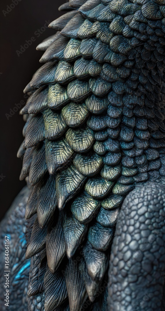 Fototapeta premium Close-up of a dragon's back, showcasing intricate scales and textures. Dark, deep blue-gray scales with golden highlights are densely packed, creating a three-dimensional effect