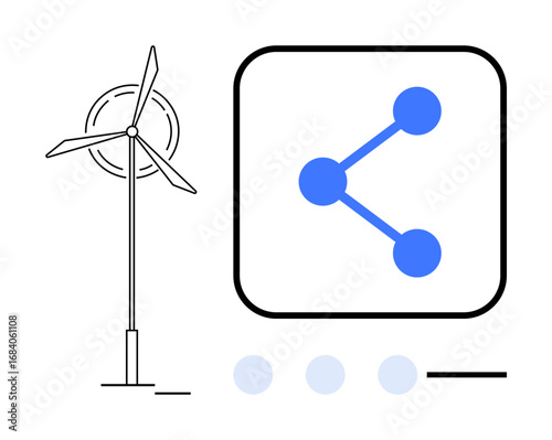 Wind turbine beside connected network icon representing energy sharing, sustainability, technology, renewable energy, innovation, clean energy solutions, simple landing page