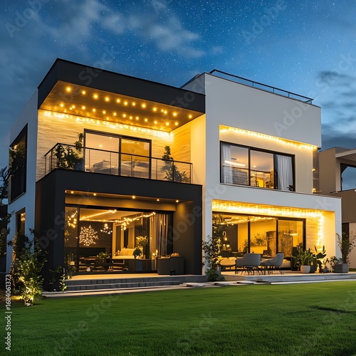 Modern Two Story House Night Exterior Lighting Design
