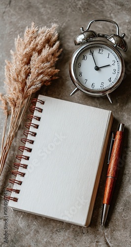 A blank spiral-bound notebook, a vintage alarm clock, and dried pampas grass sit on a mottled gray surface