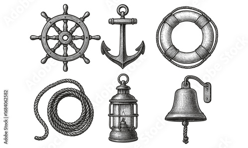 Nautical elements set featuring vintage maritime designs with anchor, rope, ship wheel, life buoy, lantern, and bell