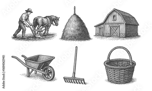 Vintage farming elements: rustic farmhouse, horse plow, haystack, wheelbarrow, rake, basket