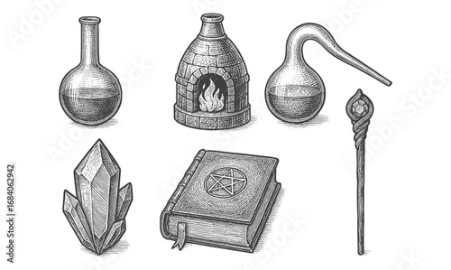 Alchemy tools and symbols in vintage engraved style for magical practices