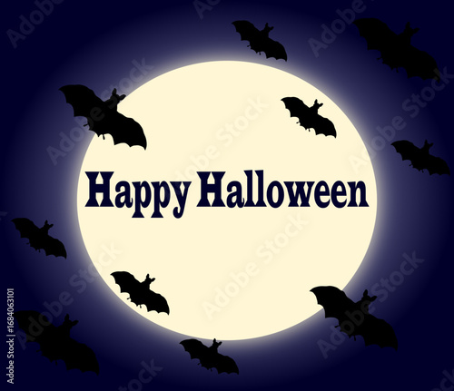 Halloween background with a full moon and bats flying across the night sky