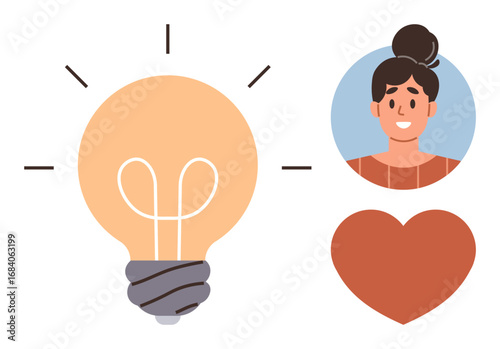 Light bulb representing creativity, heart symbolizing love and care, smiling woman portrait. Ideal for innovation, emotions, human connection, positivity, personal development, empathy motivation