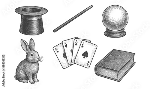 Vintage magic tools: cards, wand, rabbit, and more in detailed engraving style