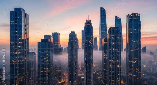 Cityscape view of skyscrapers at dusk with a layer of fog rolling in and orange and pink sky above them