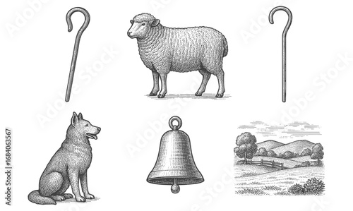 Vintage farm elements: sheep, dog, bell, and pastoral scene in engraving style